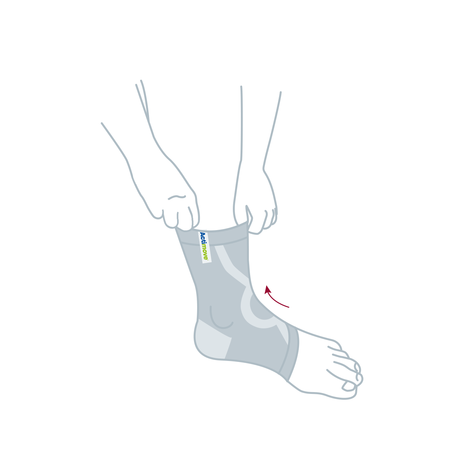 How to put on Actimove Everyday Supports Ankle Support: slide your foot through the opening
 How to put on Actimove Everyday Supports Ankle Support: slide your foot through the opening